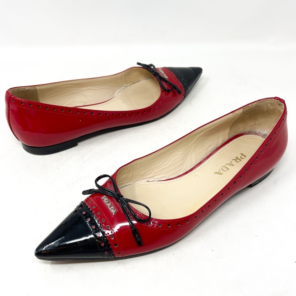 PRADA Pointed Toe Ballerina Flats Genuine Patent Leather Red Black Bow Size 7